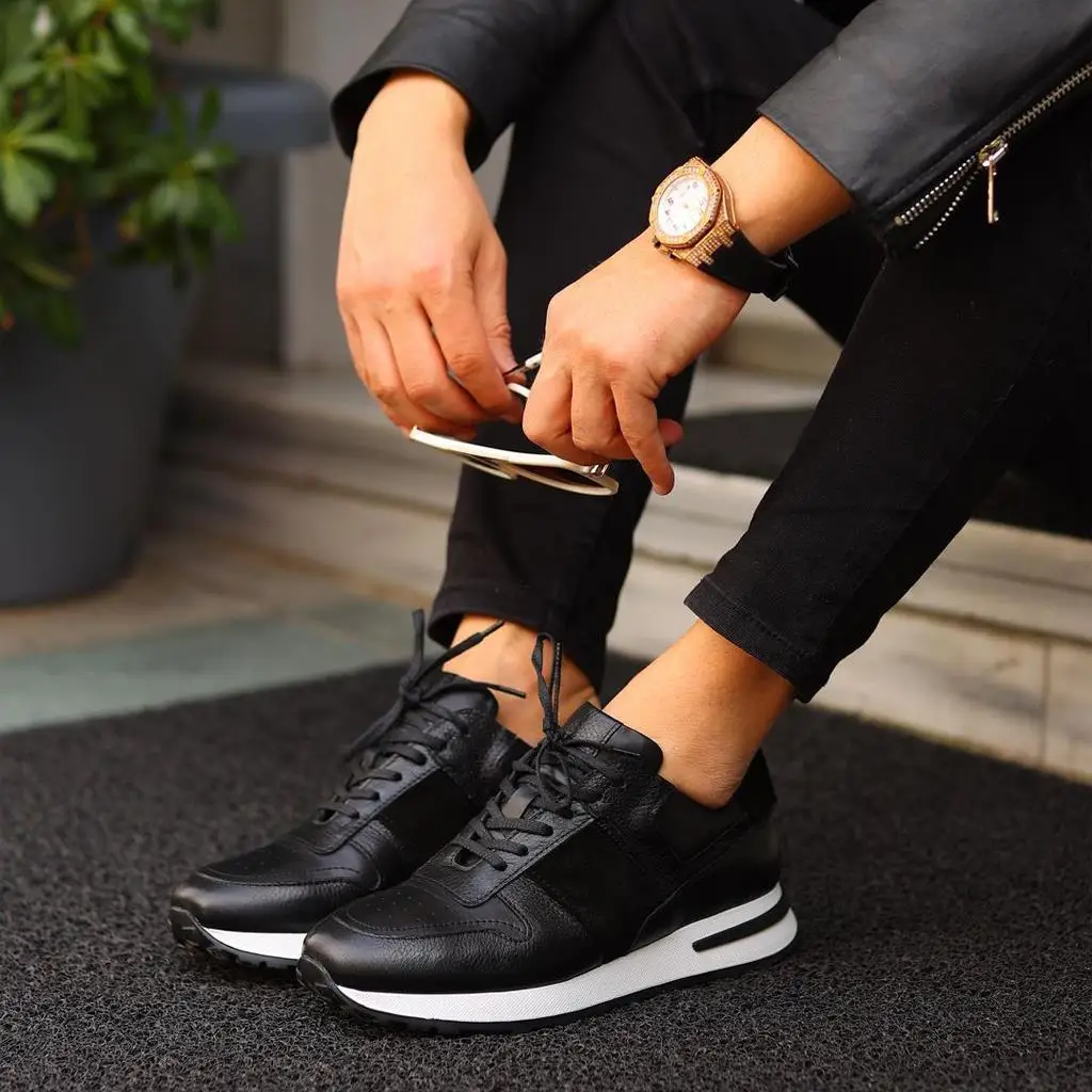 Sail-Lakers Black Genuine Leather Lace-Up Men Sneakers Casual Sports Shoes  Comfortable Breathable Walking Sneakers Zapatillas Hombre Tenis Masculino