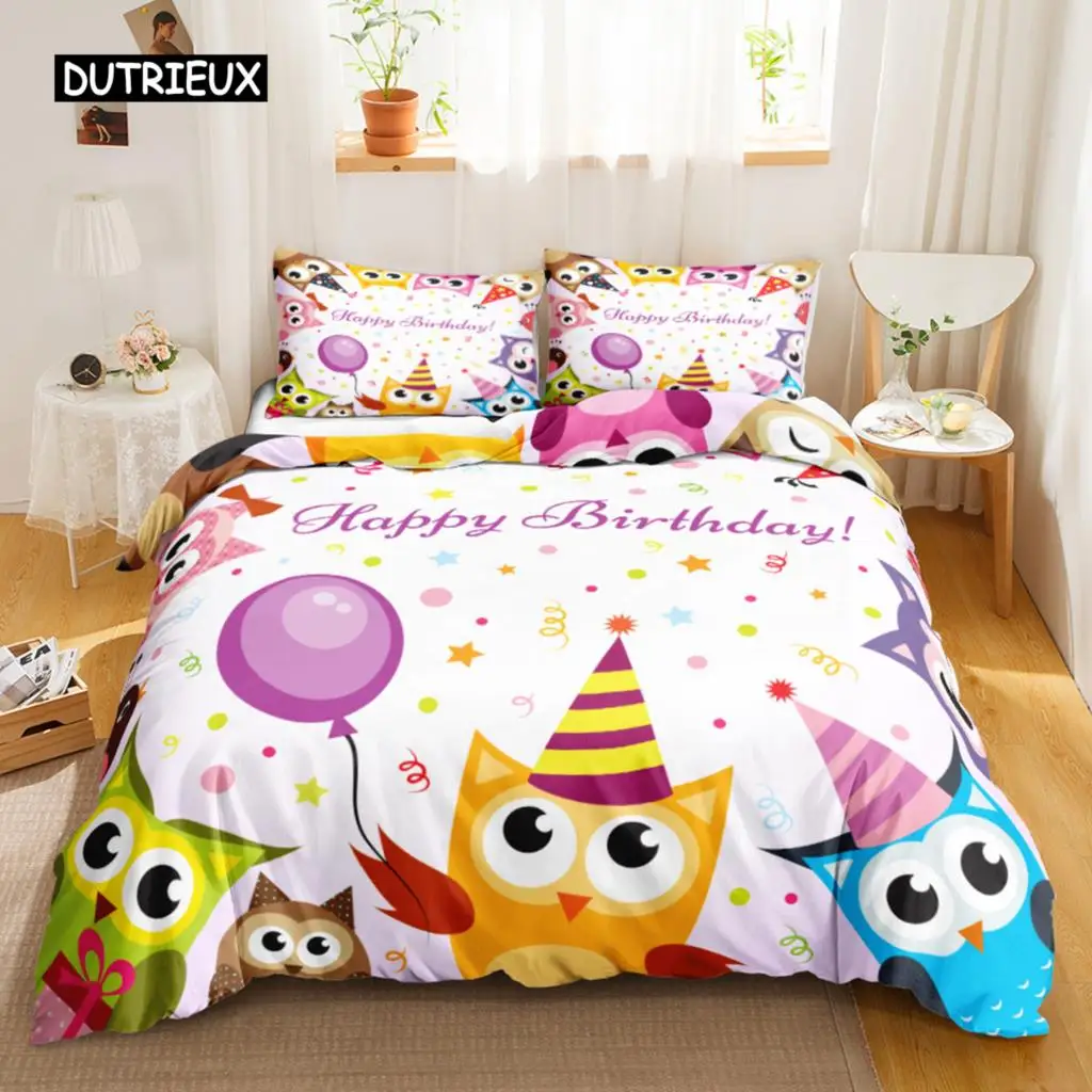 

Owl Duvet Cover Set Cartoon Comforter Cover Happy Birthday Theme Bedding Set Cute Bird Polyester Quilt Cover Twin Size for Kids