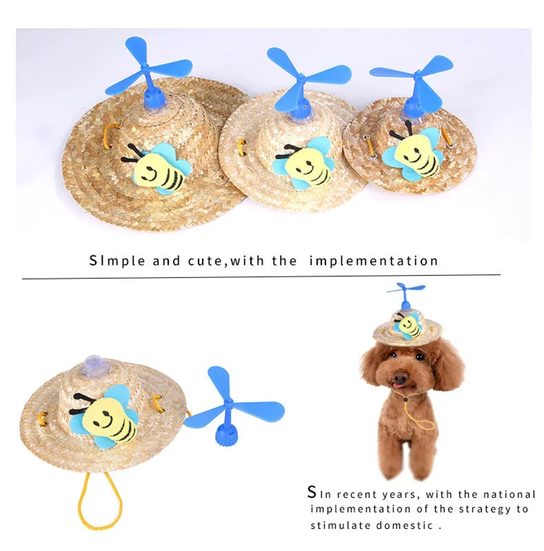 Handmade Woven Pet Caps Cute Straw Sun Hat Pet Dog Cat Adjustable Strap Farmer Cap Spring Summer Creative Party Photographing