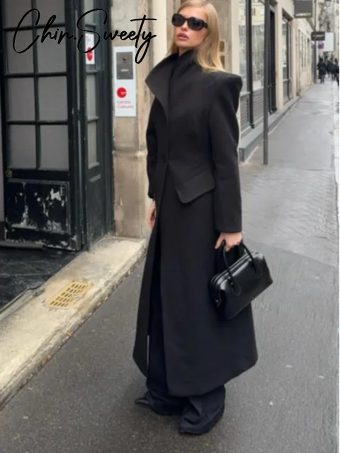 Elegant Women's Woolen Coat Black Single-Button Stand Collar Slim Lady Long Coats 2025 Autumn Winter Chic Female Streetwear New 4