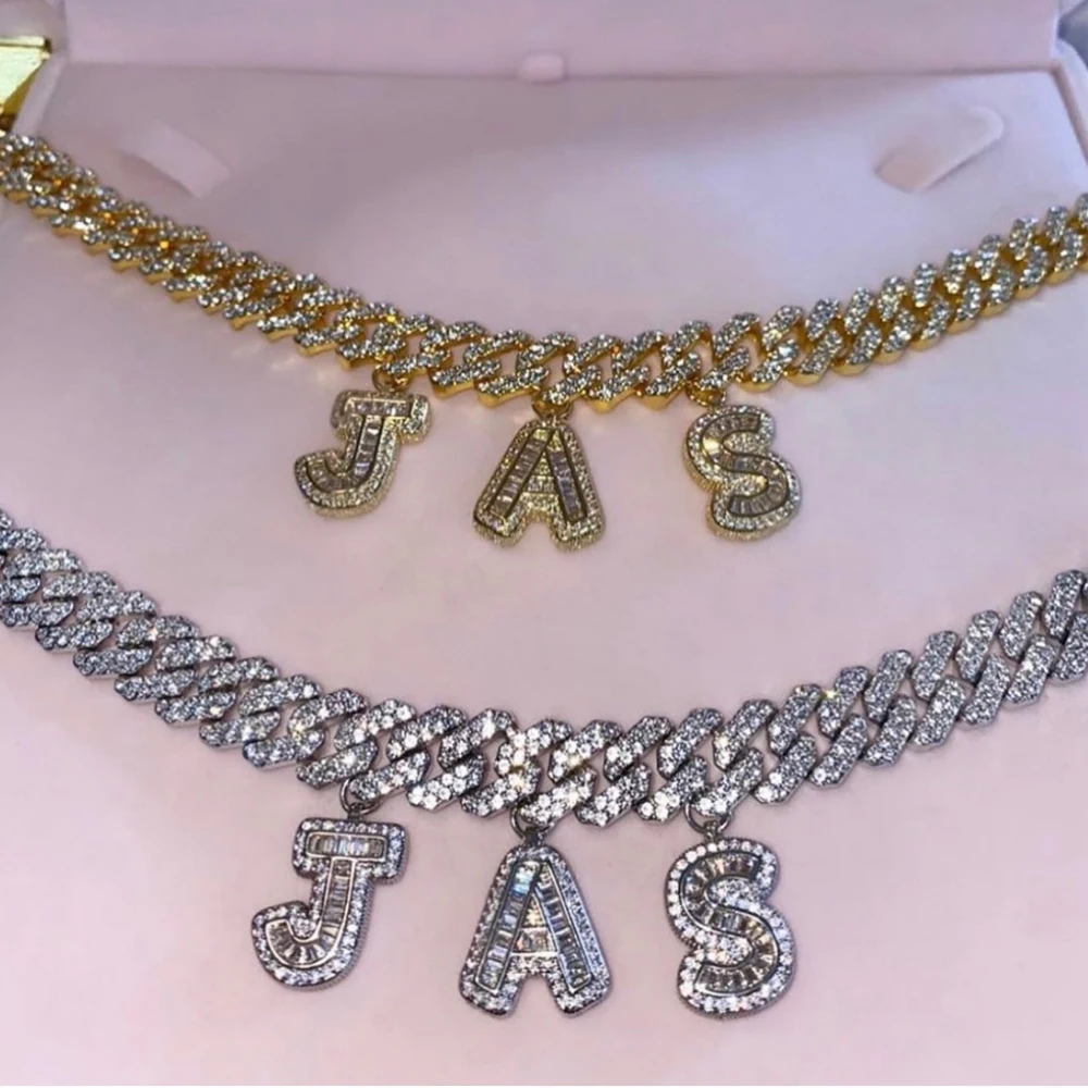 

Punk Hiphop Baguette Letter DIY Name Necklace Iced Out Prong Cuban Link Chain A-Z Letters Necklace Custom Trendy Jewelry Gifts