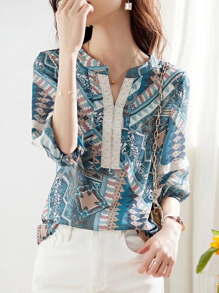 

BETHQUENOY Vintage Fashion Print Chiffon T-Shirt Women Clothes 2023 Lace Trim V Neck Tee Shirt Femme Camisetas Mujer Manga Corta