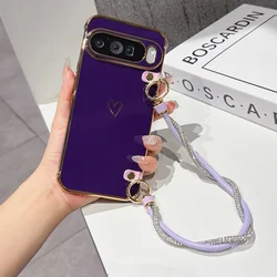 Enhanced Plating Hollow Love Phone Case with Lanyard and Wrist Strap - Shockproof Protection for Google Pixel 8 (Deep purple)