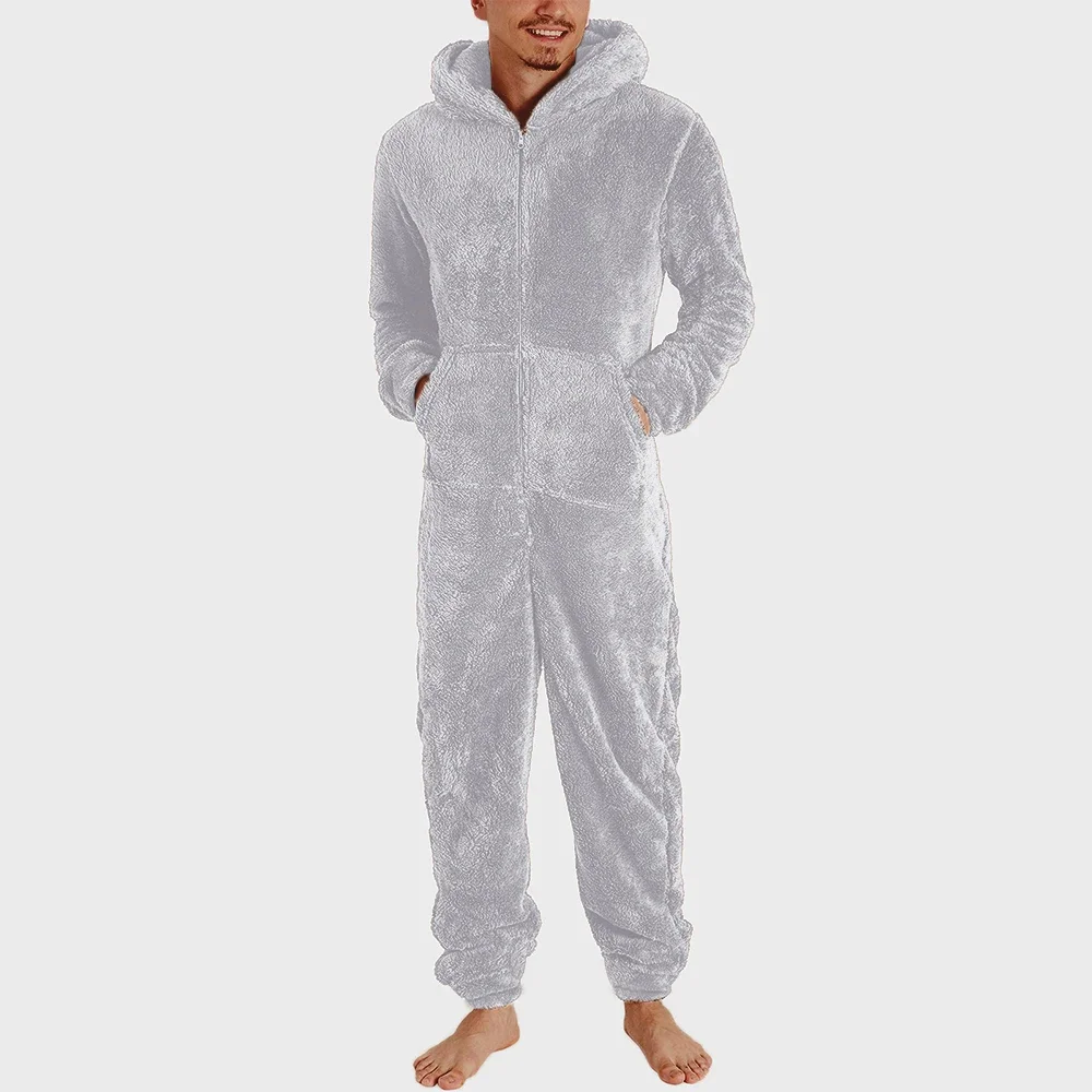 Men New Thick Warm Hooded Pajamas Winter Adult Casual Jumpsuits Couple Zipper Fleece Slim Sleepwear Nightgown Youth Loungewear