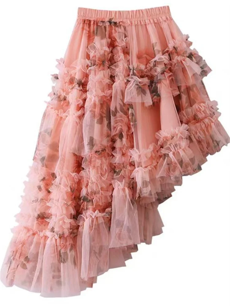French Style Holiday Ruffle Irregular Midi Long Party Skirt Ball Gown Multi Layer Mesh Fashion Gauze Tutu Elegant Vintage Skirts