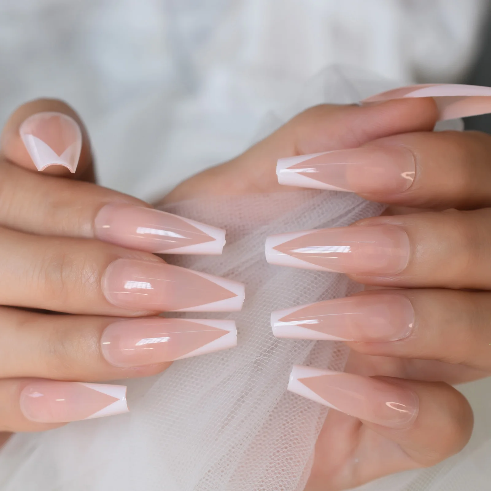 24pcs V-Shaped French Press On Nails - Long Coffin Acrylic Gel Manicure