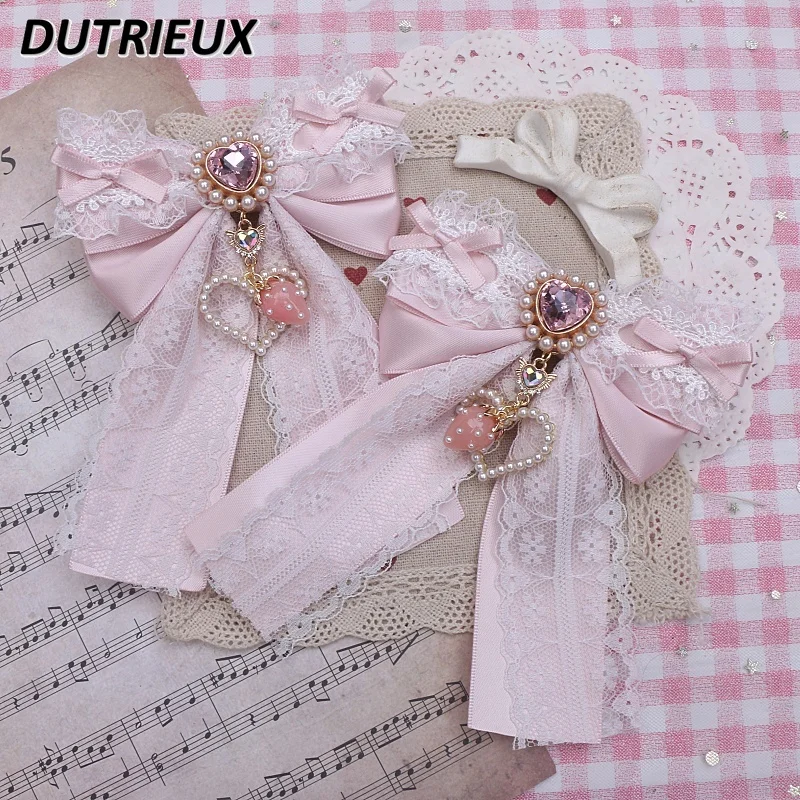 

Handmade Hair Accessories for Women Lace Sweet Heart Pendant Sweet Cute Big Bow Hair Clips Japanese Style Fashion Girl Ornament