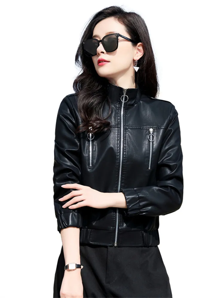 

Women's Jacket 2022 Spring New High Quality Washed PU Leather Jacket Ladies Casual Slim Zipper Stand Collar Jackets JD2247