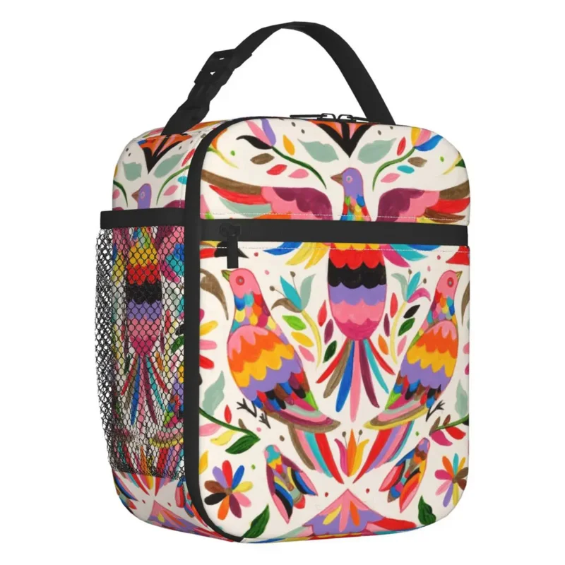 

Mexican Otomi Birds Texture Thermal Insulated Lunch Bags Women Folk Floral Art Resuable Lunch Tote Travel Multifunction Food Box