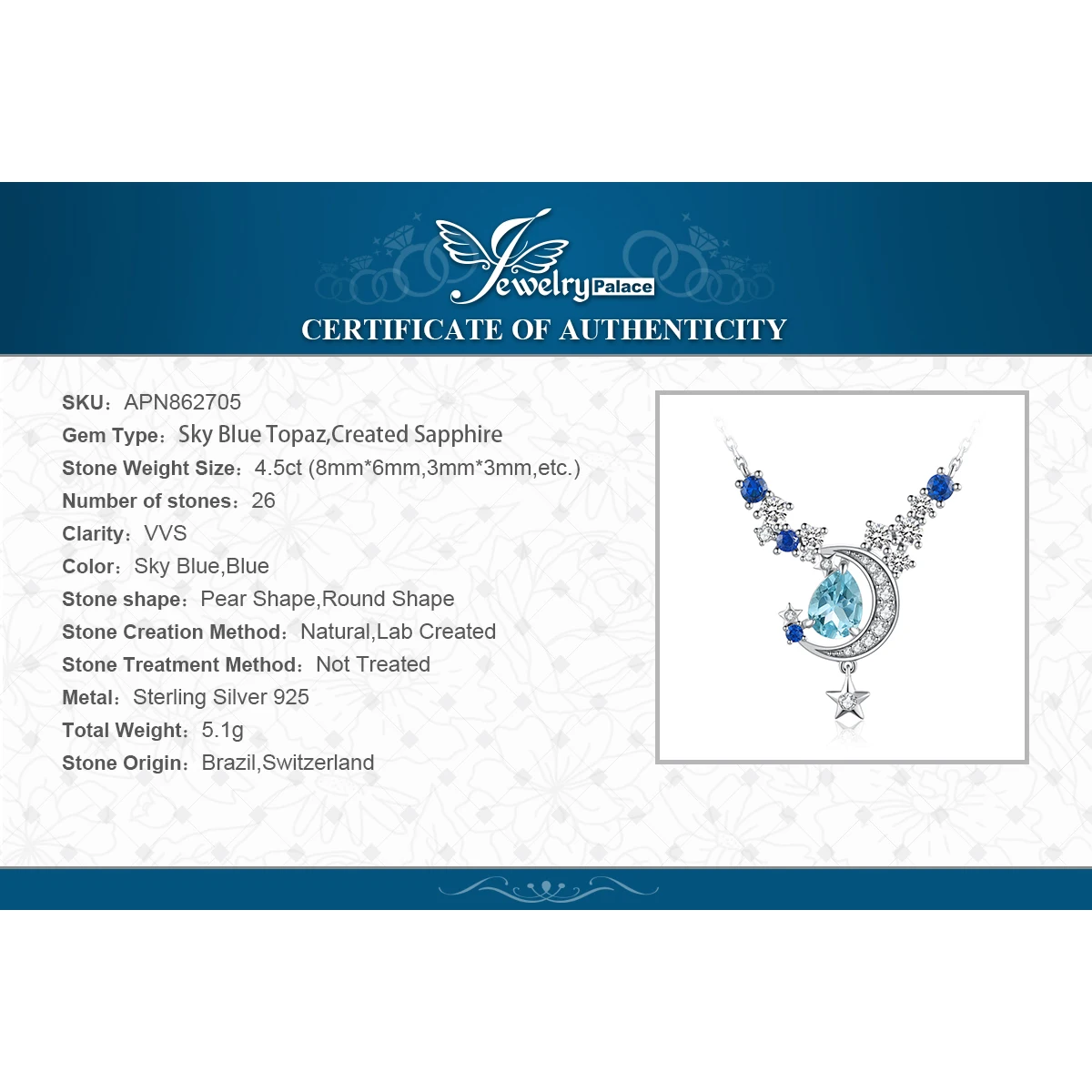 JewelryPalace New Moon Star 여성용 진짜 스카이 블루 토파즈, 사파이어 펜던트 목걸이, 45cm, 4.5ct