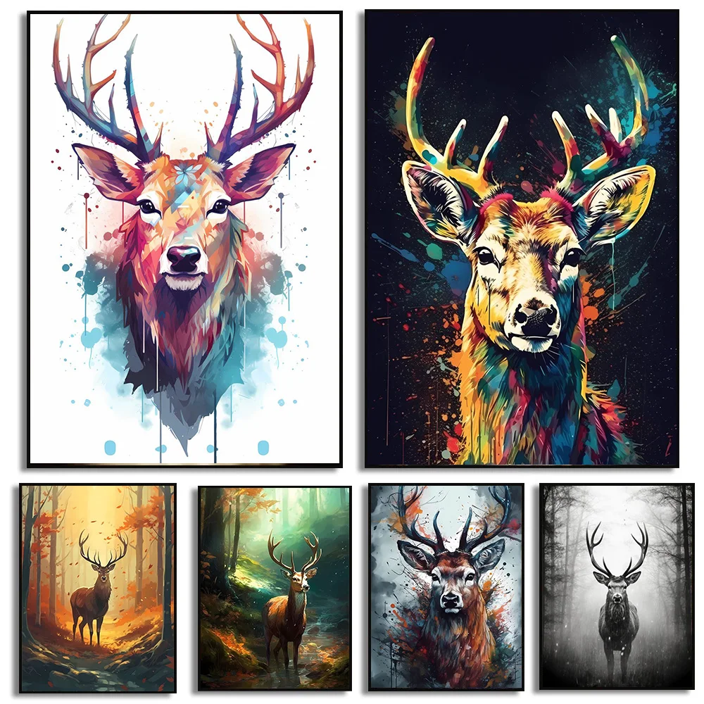 Watercolor-Forest-Deer-Portrait-Poster-Wild-Animals-Canvas-Painting-HD ...