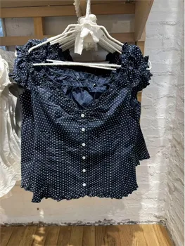 Vintage Navy Polka Dot Folds Blouse Top Women New Casual Single Breasted Ruffle Sleeveless Tank Tops Vest Preppy Style Camis Y2K 1
