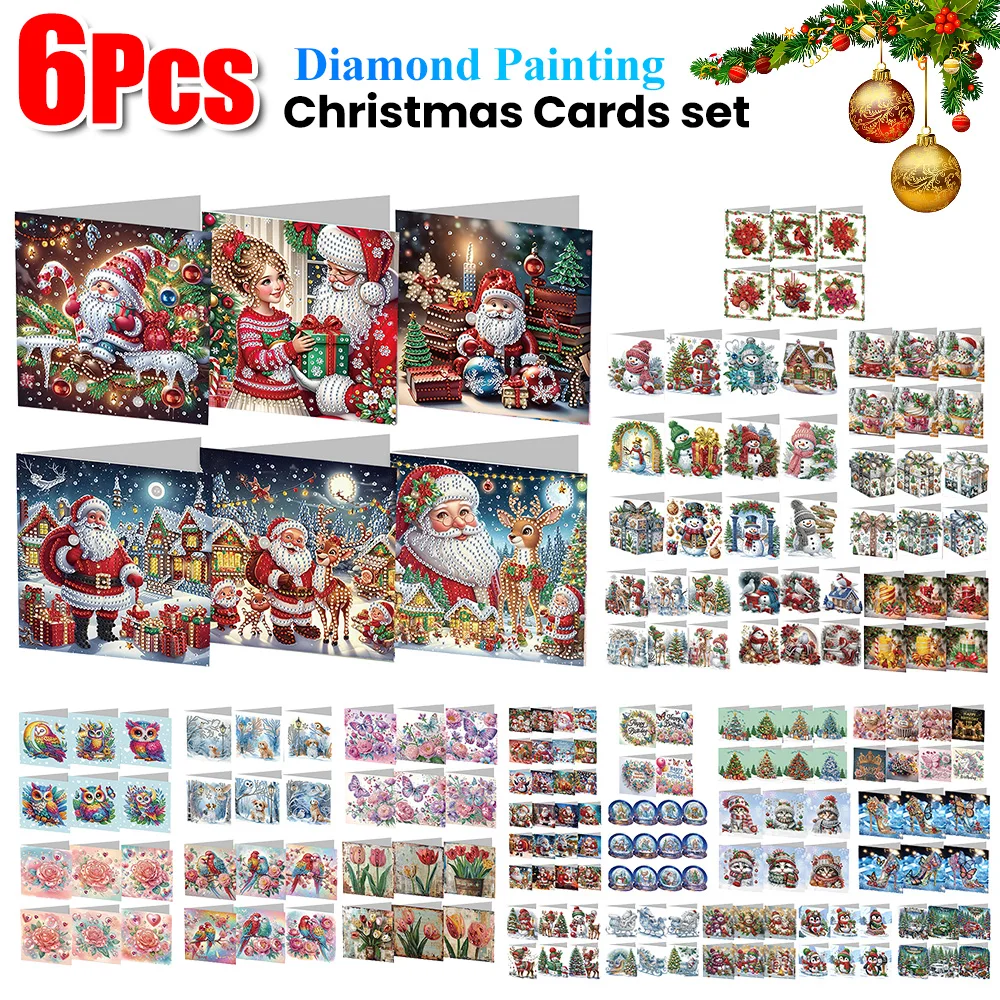 Diamond Painting 6pcs Diamond Painted Greeting Cards DIY Rhinestone Painting Mosaic Postcards Arts Crafts Thank You Card Christmas Birthday Gifts