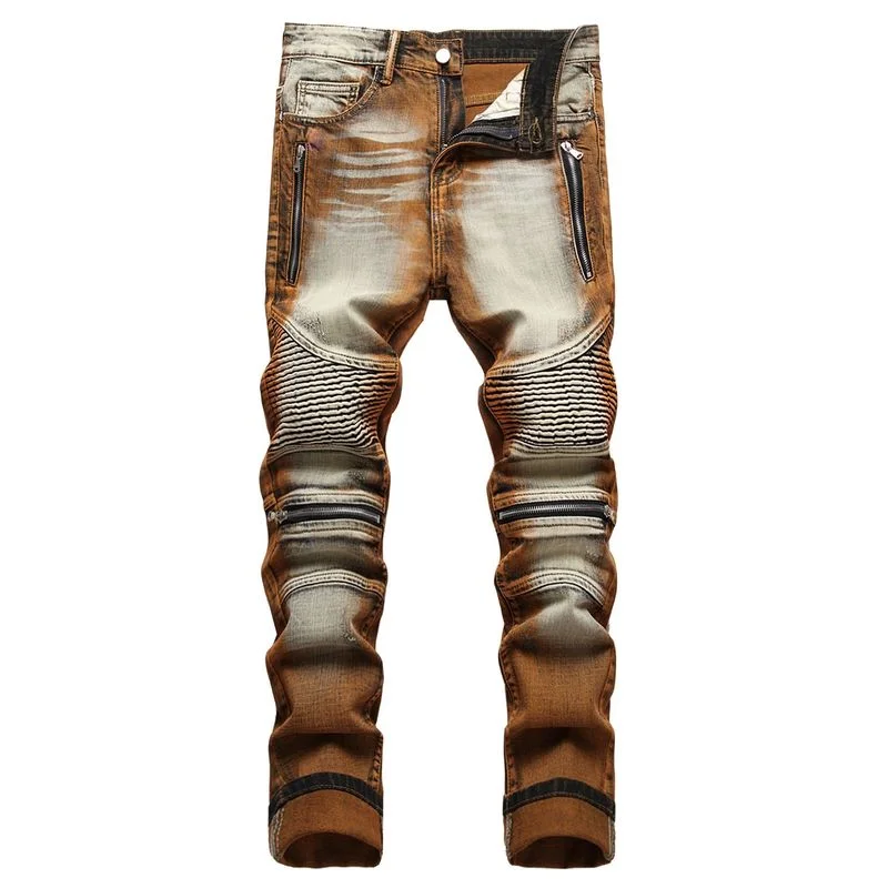 Men Biker Skinny Jeans Streetwear Cotton Male Casual Zipper Motorcycle Stretch Dyeing Personality Denim Pants Plus Size 42 denim pants denim trousers men trousers