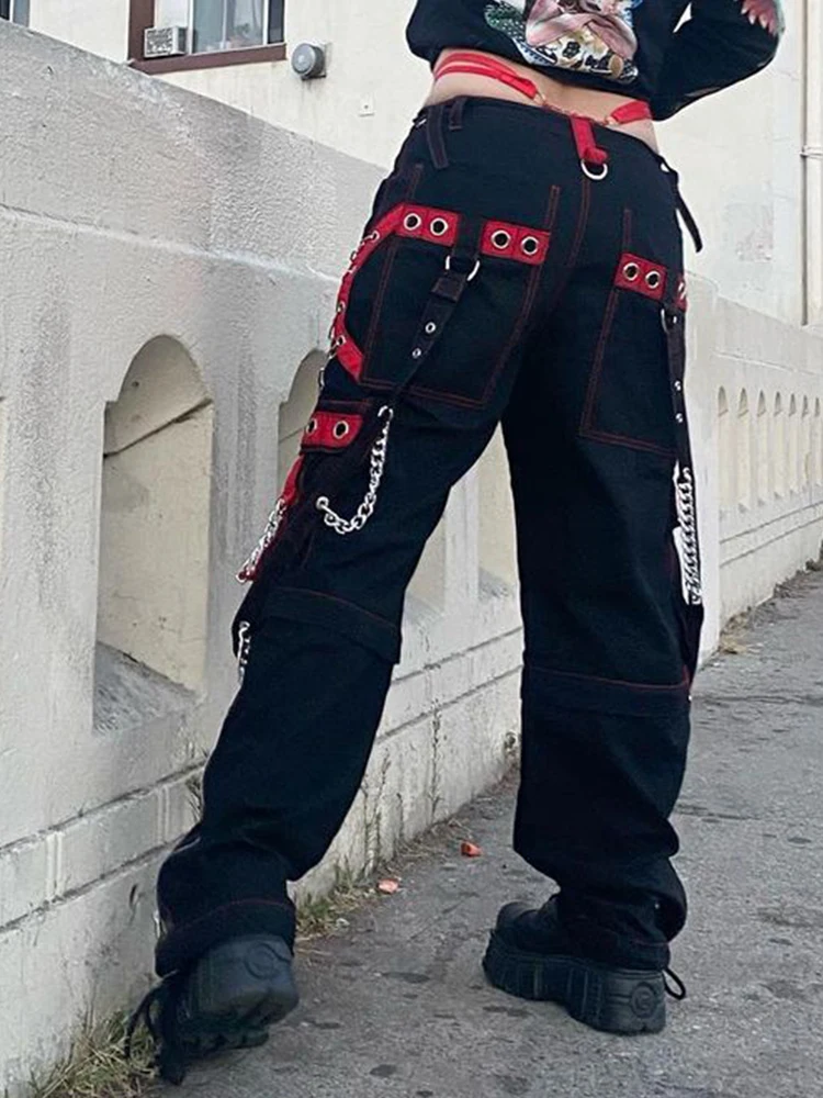 Satın alın Punk Wide Leg Pants Streetwear Low Rise Baggy Gothic Cargo Pants  Korean Hip Hop Patchwork Casual Trousers Women Harajuku