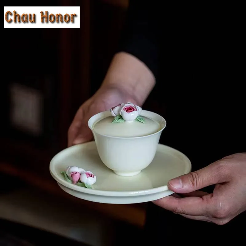 High-end Handmade Pinch Flowers Ceramic Round Tea Tray Handmade Household Chinese Kung Fu Tea Set Tea Ceremony Accessories Gift
