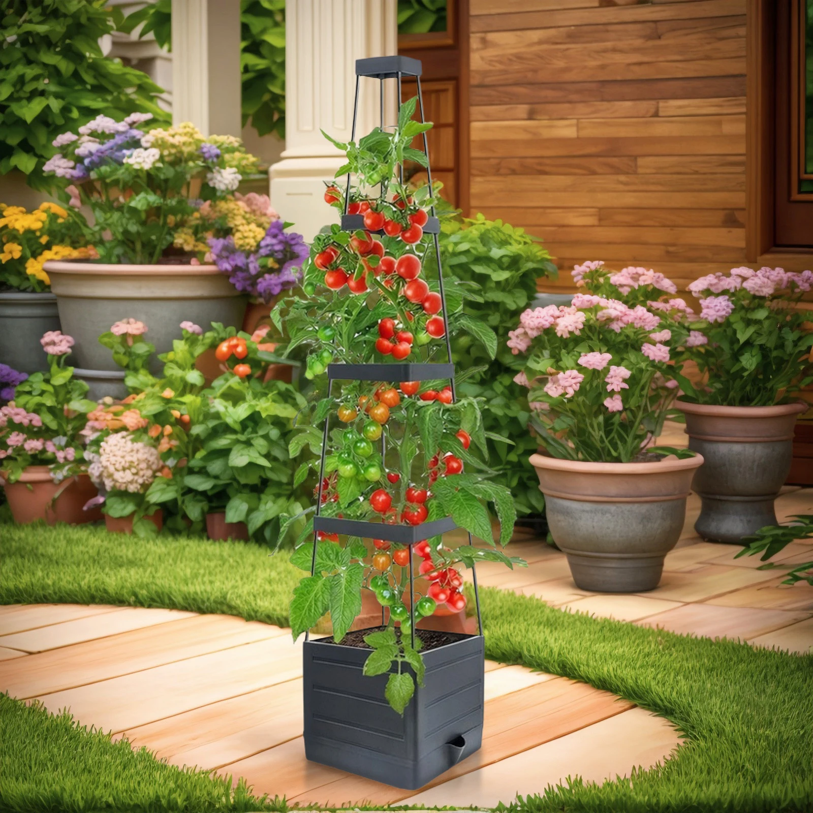 Raised Garden Bed Planter Box with Trellis Tomatoes Planter Box Self-Watering Planter Box for Vine Flowers