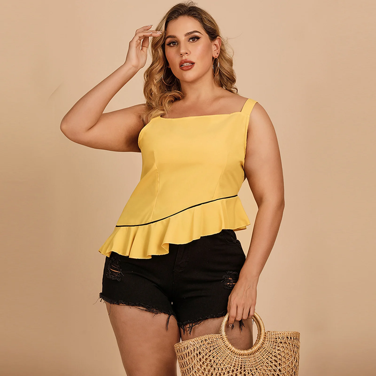 StylishWomenRuffleCasualPlusSizeCamisoleTopSolidColorYellow