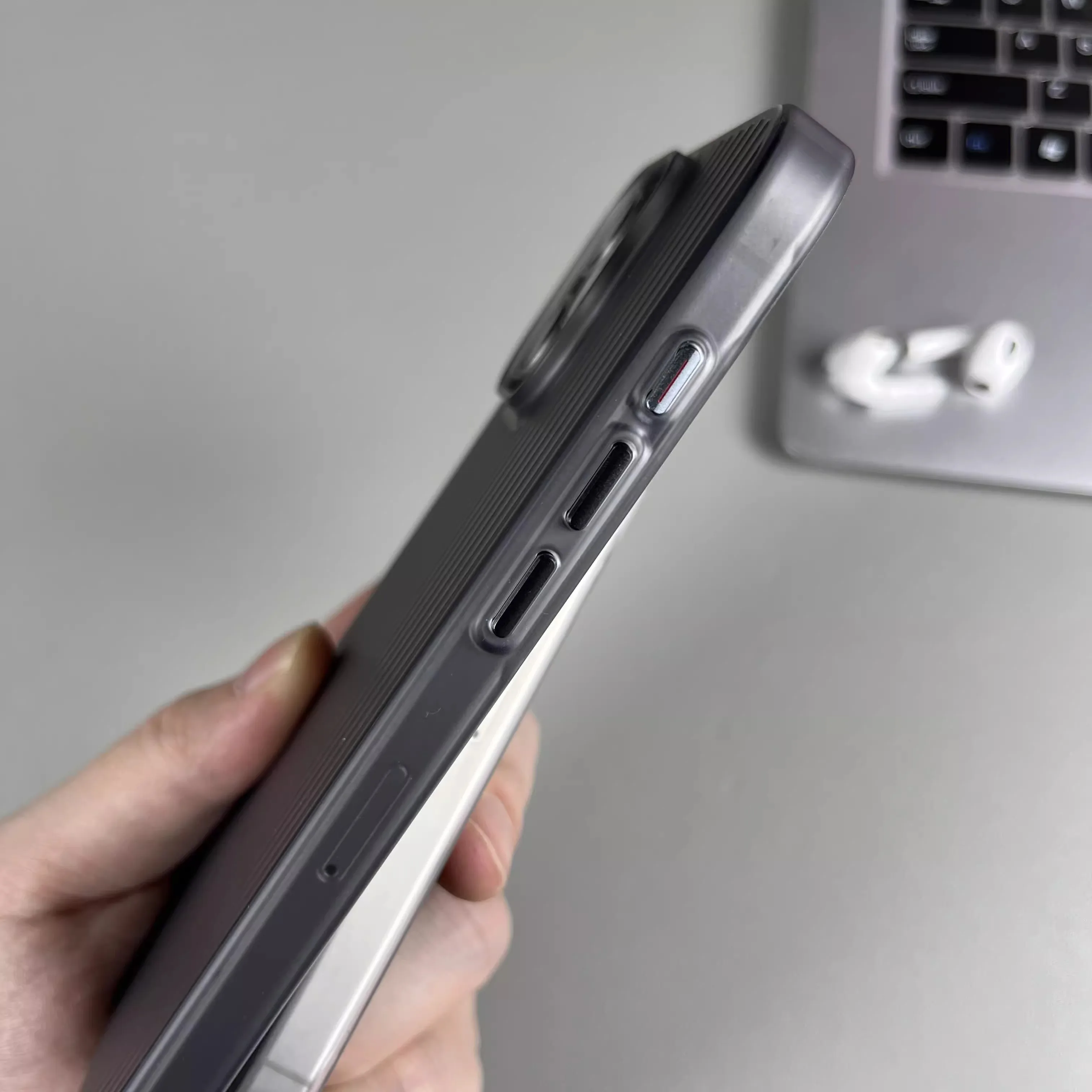 Natural Titanium Grating Stripe Pattern Shockproof Phone Case with Metal Buttons