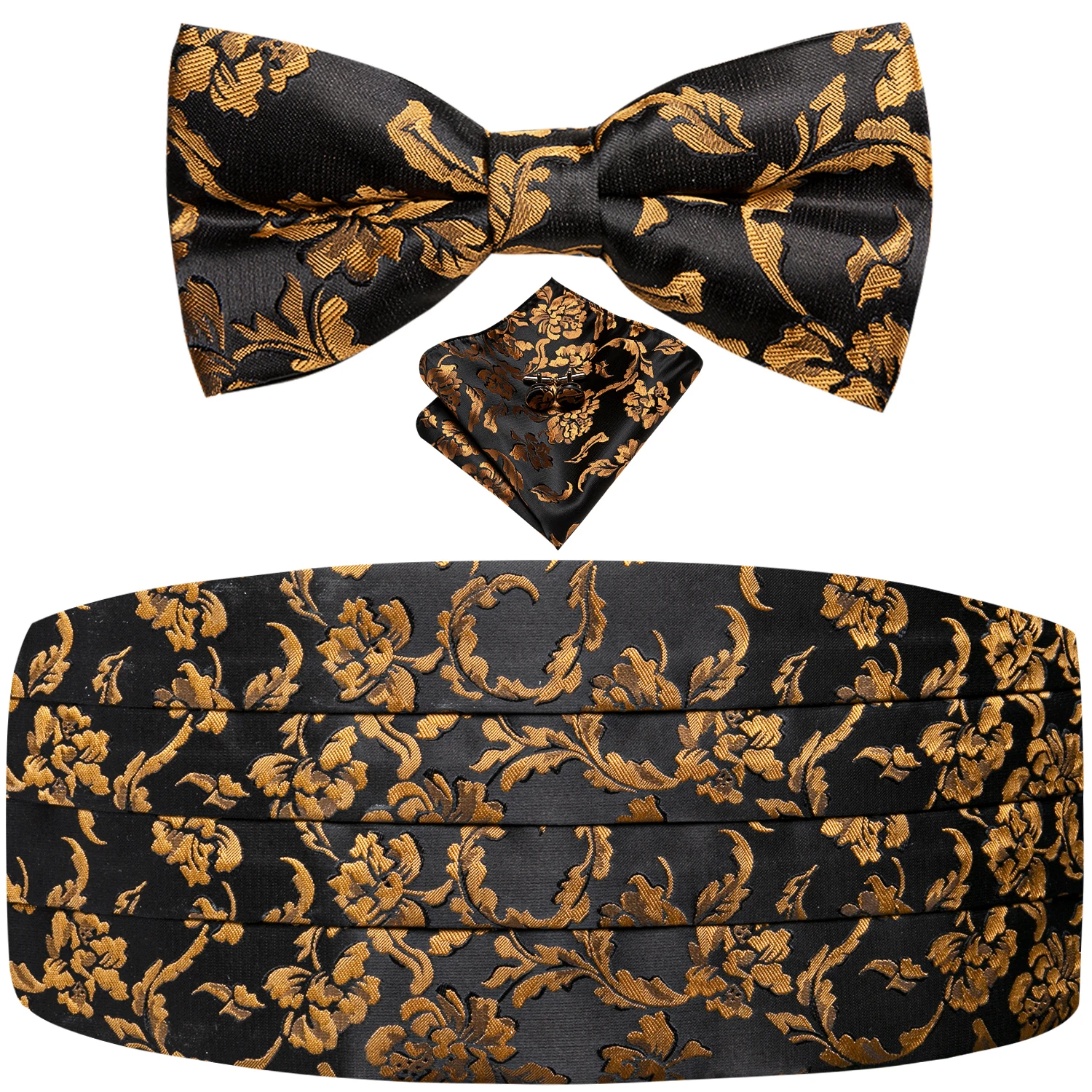 Hi-Tie Luxus Designer Schwarz Gold Floral Kummerbund Fliege Set Formelles Smoking Korsett Elastischer Gürtel für Männer Hochzeit Kummerbunds – Detail 6
