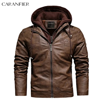 CARANFIER Mens Leather Jackets Male Moto Biker Hooded Thicken Coats Men Clothing PU Vintage Fleece Outerwear Chaquetas Hombre