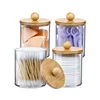 Qtip Holder Dispenser with Bamboo Lid 10 oz Clear Plastic Apothecary Jar Containers for Vanity Makeup Organizer Storage Bathroom 1