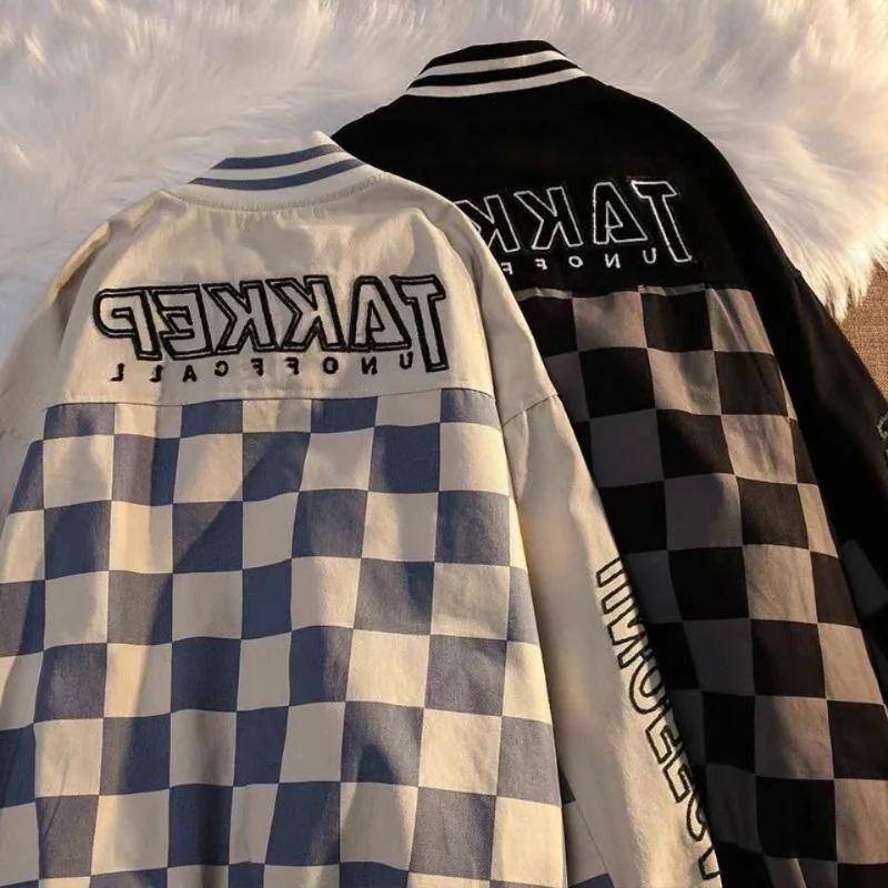

American Vintage Checkerboard Baseball Suit Men's and Women's Couple Style High Street Hip Hop Spring Autumn Jacket Jacket
