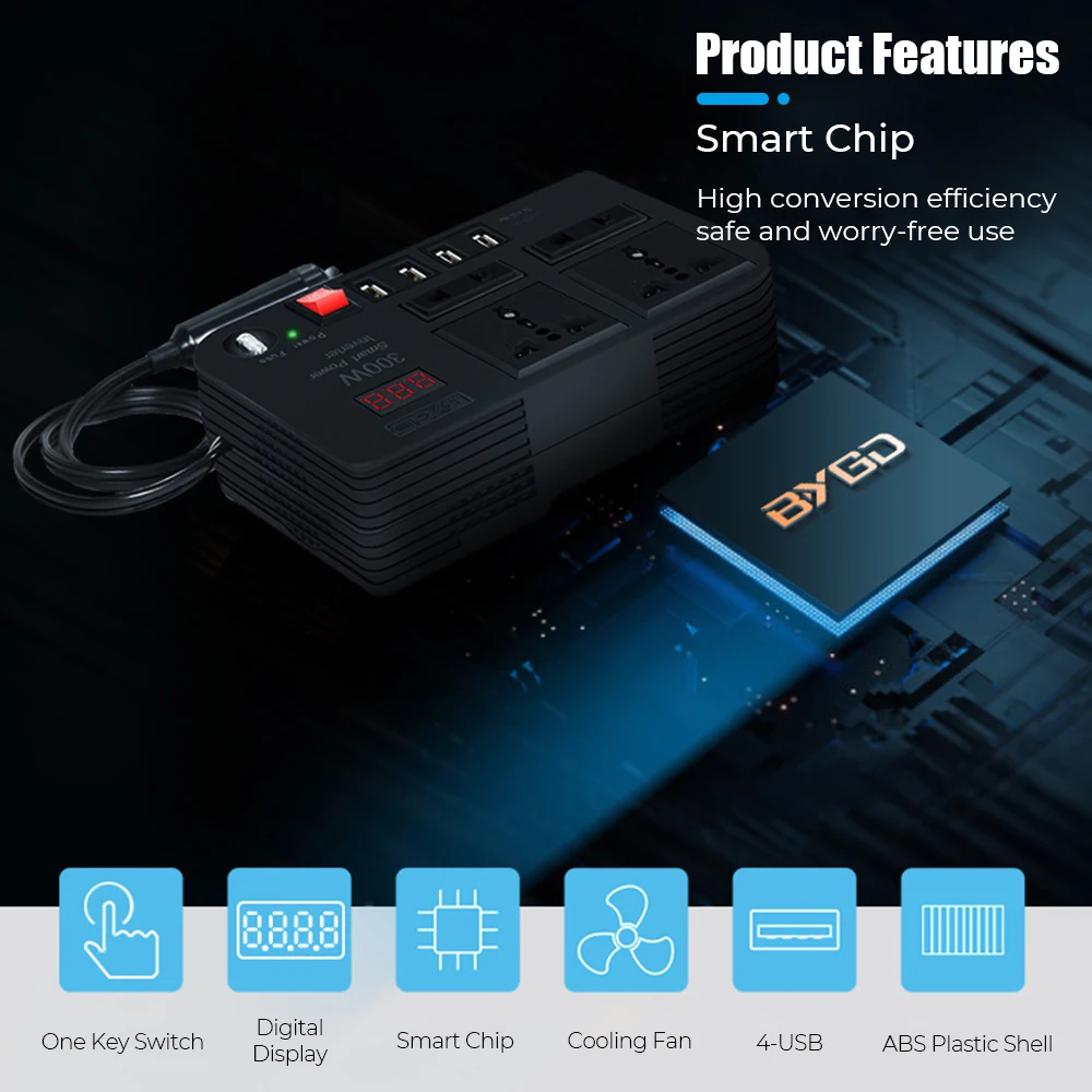Overload Protection ON/OFF Switch 4 AC Sockets DC 12V to AC 220V Converter Outlets Car Inverter 4 USB Ports 300W Power Adapter vehicle inverter car converter inverter car inverter car power converter power inverter