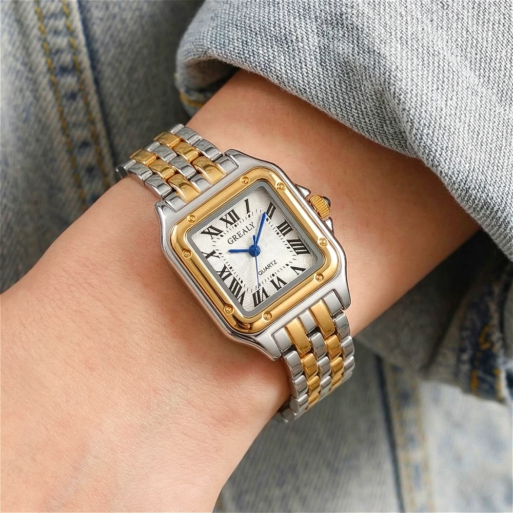 Classic Wrist Watches for Women Two-tone French Elegant Square Quartz Clock Roman Numerals Stainless Steel Ladies Dress Jewelry - 2