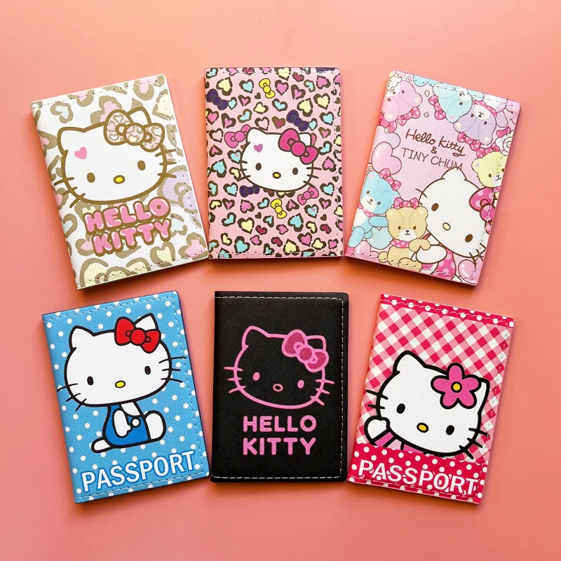 Lovely Hello Kitty Passport Cover Credit Card Holder Women Sanrio PU Leather Business Card Bag Ladies Passport Holder Gift