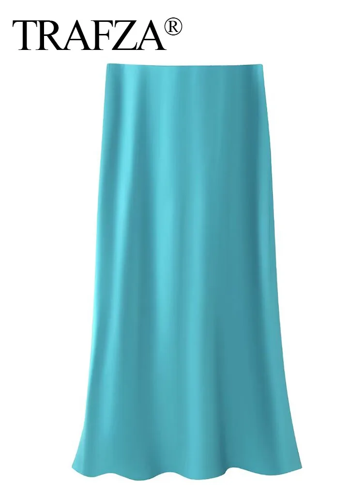 

Женская атласная Юбка-миди TRAFZA, элегантная юбка средней длины с высокой талией, винтажная модная Свободная юбка трапециевидной формы синего цвета