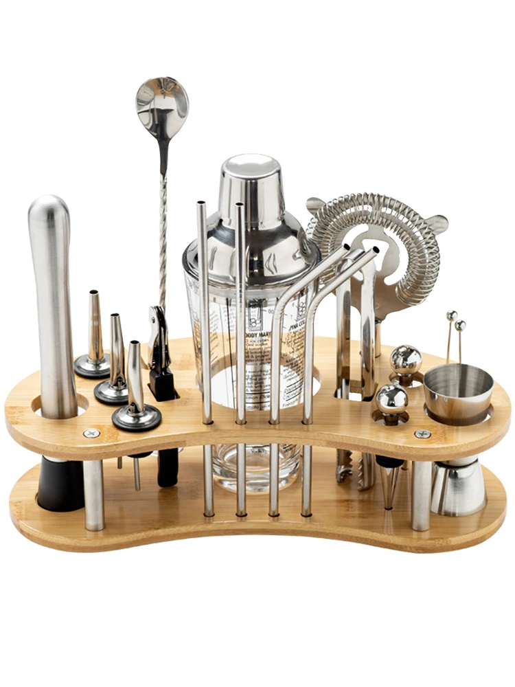 19Pcs Stainless 350ML/550ML/750ML/400ML Stainless Steel Cocktail Shaker Set Cocktail Mixer Bartender Kit With Wood Stand_voghion.com