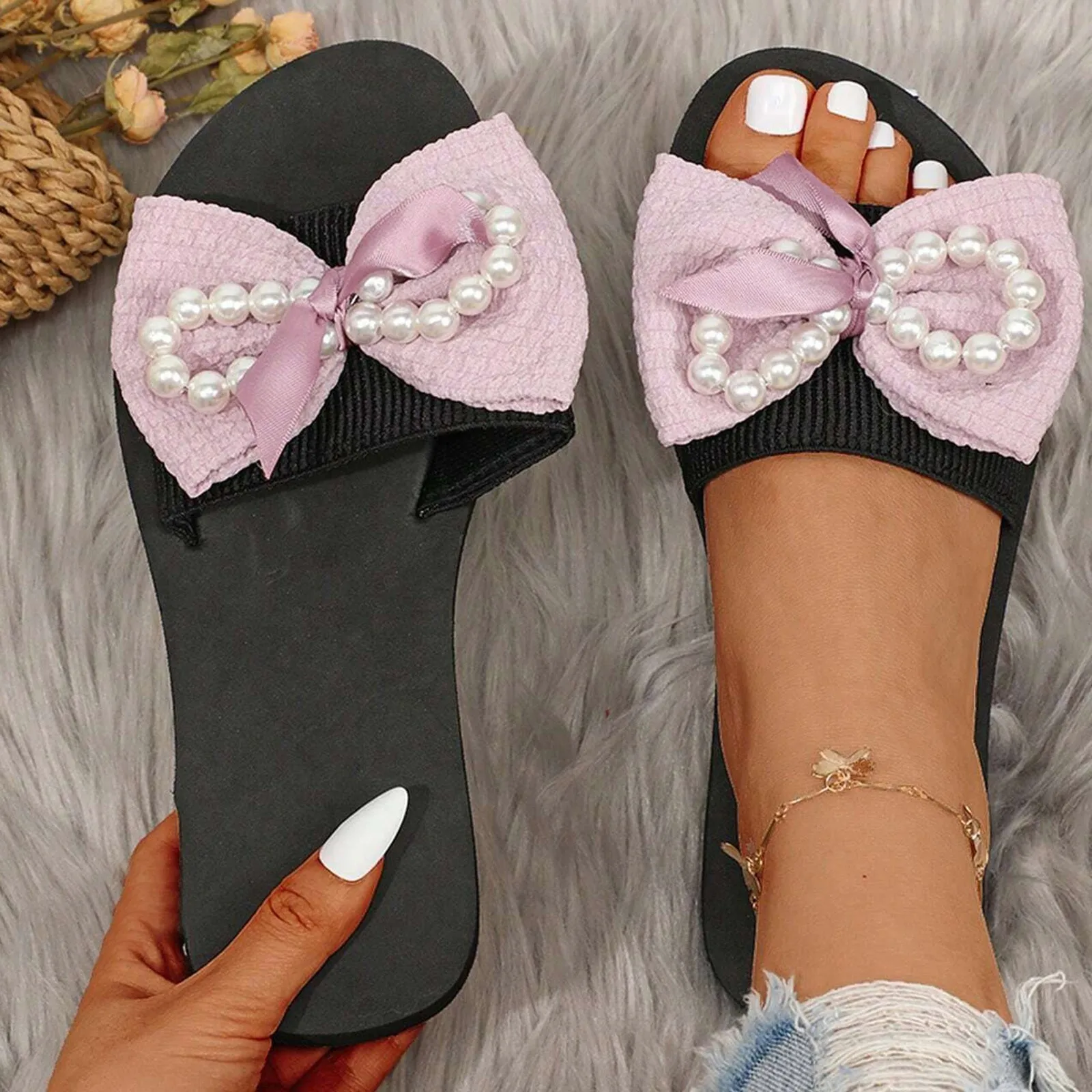 

Тапочки женские на плоской подошве, модные пляжные тапочки с открытым носком, с жемчугом и бабочкой, милые повседневные шлепанцы в богемном стиле, Slstyle