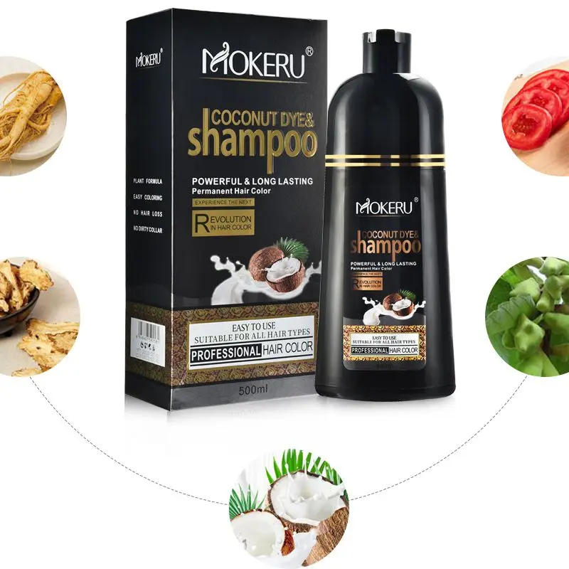 Hair Dye Shampoo Mokeru 500ml Natural Organic Coconut Oil Essence Black Hair Dye Shampoo Covering Gray Hair Permanent Coloring Dye Shampoo