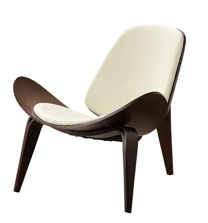 High-Quality Solid Wood Shell Chair-Three-Legged Ash Plywood, Black Faux Leather Living Room Furniture, Modern Leisure Chairs
