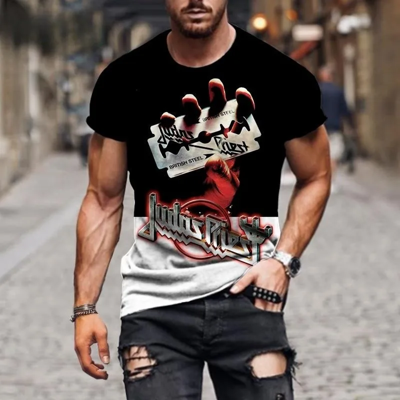 Fashion Hip Hop Rock Judas Priest Band 3D Printed T Shirts For Men Casual O-neck Short Sleeve Tops Street Trend Oversized Tees