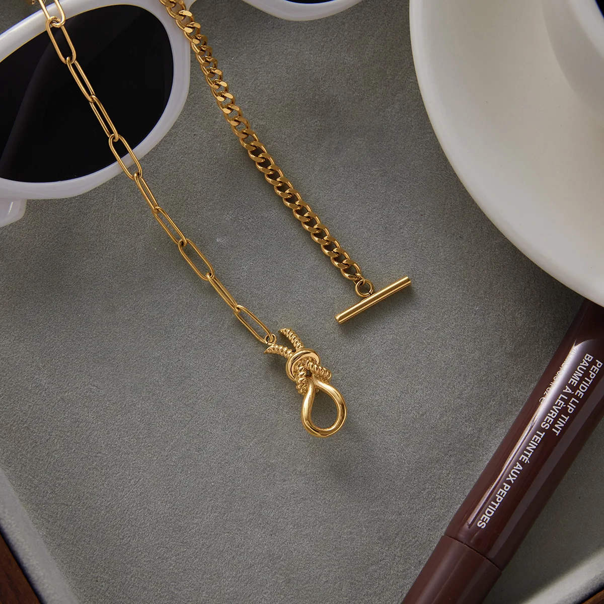 Punk Splicing Chain Knot Design Necklace Gold Plated Waterproof Stainless Steel Stacked Flat Snake Locking Bone Chain Jewelry