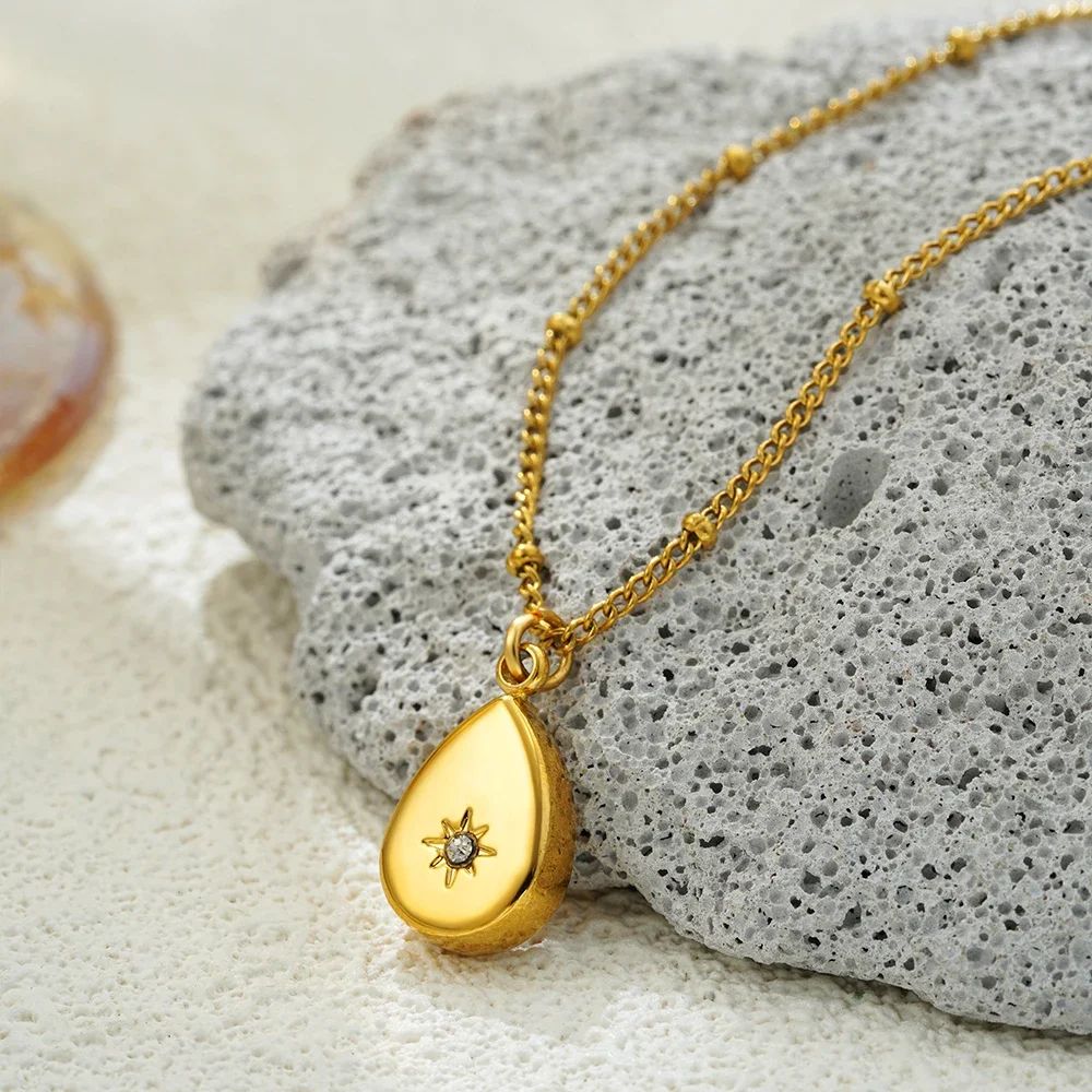 Exquisite Minimalist Mini Waterdrop Zircon Moon Necklace Women Chunky Square Small Pendant Round Bead Chain Gold Color Jewelry