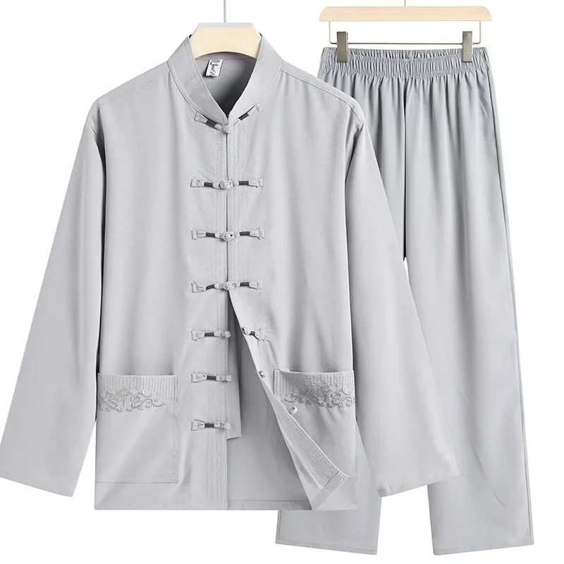 Autumn Solid Color Loose-fit Tang Suit For Middle-aged Elderly Men Casual Daily Wear Morning Exercise Outfit mens tang suit