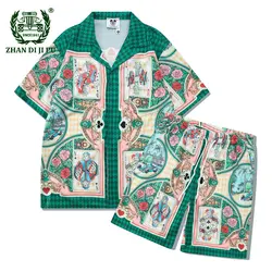 Summer Hawaiian Beach T-Shirts+shorts Sets Mens Vintage Poker Graphic Print Tops Hip Hop Casual Loose Short Sleeve 2 Piece Suits
