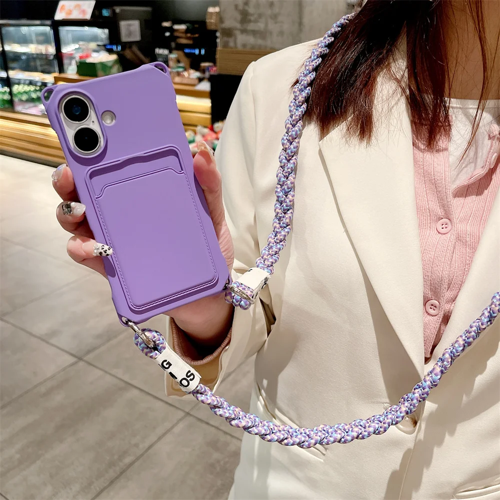 Braided Crossbody Strap Lanyard Phone Case with Wallet Card Holder and Silicone Cover