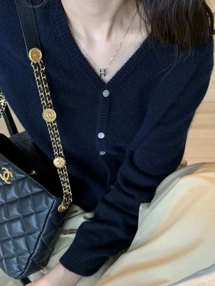 여성용 캐시미어 V넥 카디건, 루즈한 짧은 단색 스웨터, 니트 스웨터, 심플 코트, 한국 버전, 가을 신상