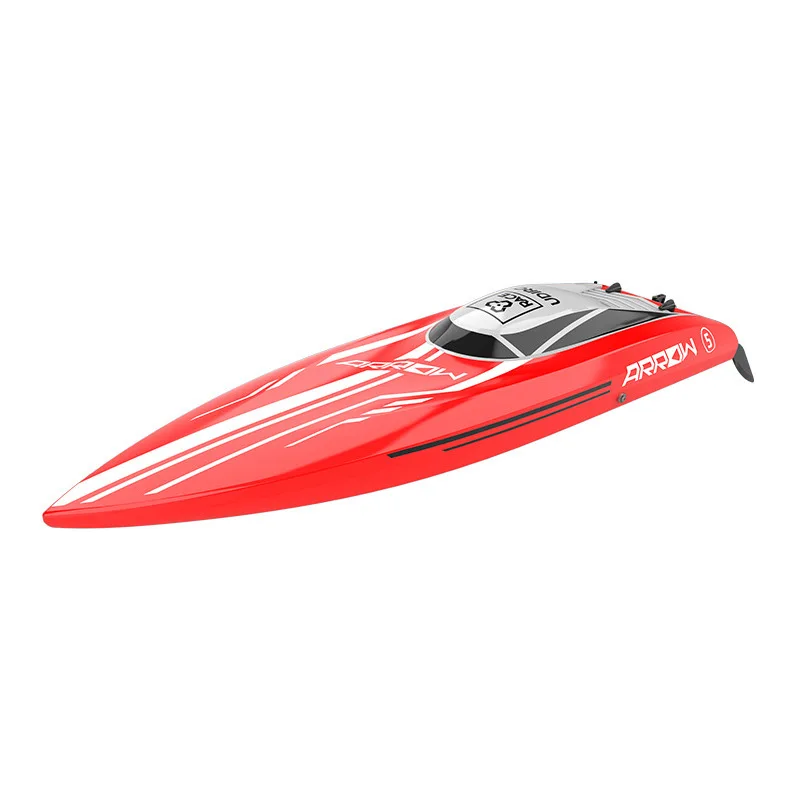 Bateau RC Brushless UDI005 soulevant des embruns lors d'une accélération à 50 km/h, parfait pour piscine et lac.