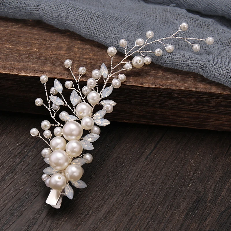 2 Pcs Silver Color Pearls Tiara Hairgrips Clips Handmade Milk Crystal Hairbands Wedding Bridal Headpiece Women Hair Accessories hair accessories bridal hair accessories