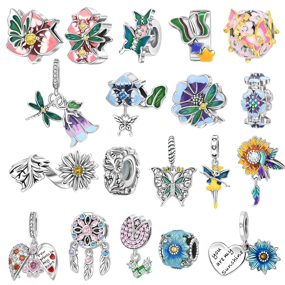 925 Sterling Silver Colorful Pansy Daisy Flowers Fairy Elves Butterfly Pendant Bead Fit Pandora Bracelet Boutique Matching Gift