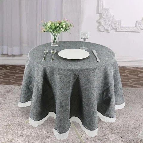 

Rustic Round Tablecloth Gray Cotton Linen Table Cover Cloth Solid Decorative Elegant Pastoral Round Tablecloths with Lace Edge