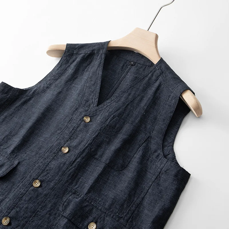 Japan Style Harajuku Men Linen Vest Thin Simple Casual Loose Tops High Quality Yarn-Dyed Multi-Pockets Sleeveless Waistcoat