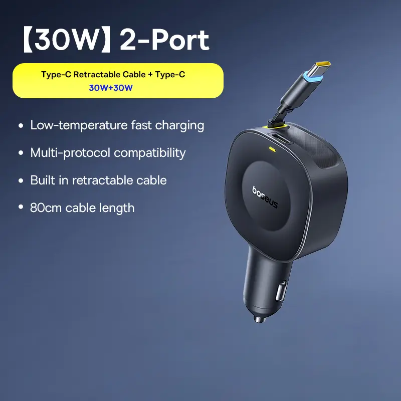 Baseus Car Charger 60W 100W 30W 240W 4 ports Built in Dual Retractable Cable PD Fast Charging USB Type-C Car Phone Charger - Image 10