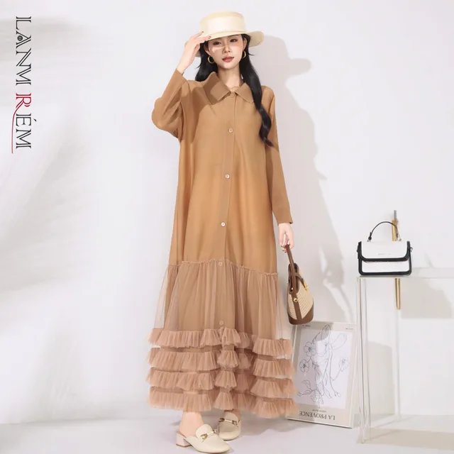 LANMREM Pleated Loose Women's Single Breated Cardigan Dress Fashionable Elegant Lapel Mesh Patchwork Famale Clothing 2DB4463