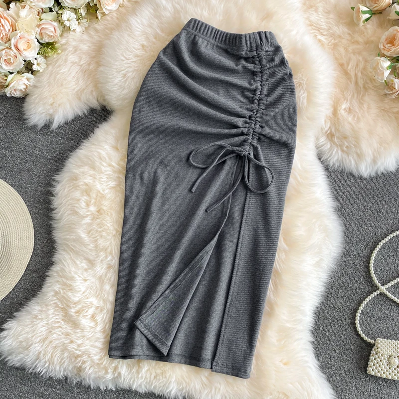 

2023 Summer Korean Version New Retro High-waisted Slim Skirt for Women with Elastic Waist Drawcord Slim Open Buttock Skirt